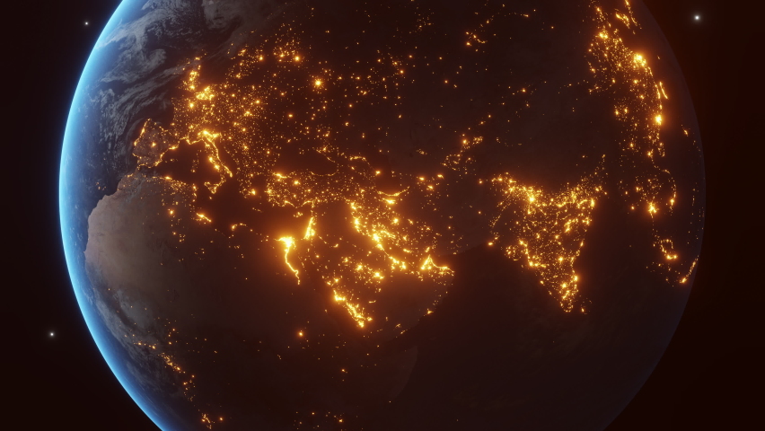 Glowing bright night lights of european cities turn off and dim abruptly as seen from the space. Power outage blackout or International Earth Hour WWF event concept. 3d animation in 4K. Royalty-Free Stock Footage #1068934547