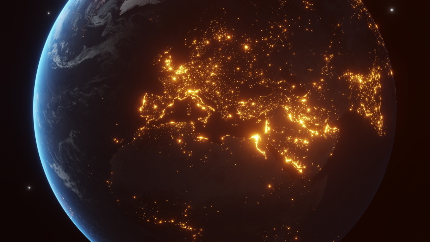 Glowing bright night lights of european cities turn off and dim abruptly as seen from the space. Power outage blackout or International Earth Hour WWF event concept. 3d animation in 4K.