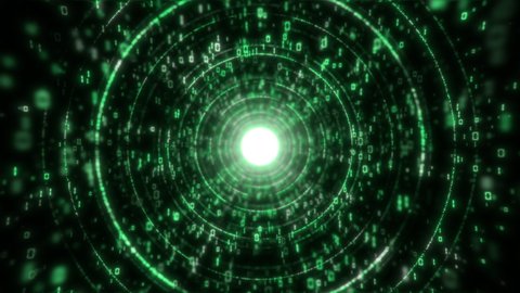 3D Big Data Digital futuristic tunnel with round green matrix. Technological and related motion background. Seamless loop 3D rendering