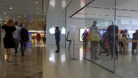 MARSEILLE, FRANCE-CIRCA July 2019: Transparent Apple store front in shopping center with famous logo
