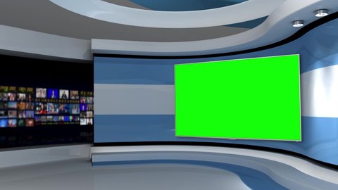 Tv studio. News room. Studio Background.  Light blue background. Newsroom bakground. Control room.Blurred of studio at TV station. Loop. 3D rendering. 