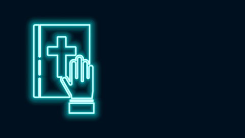 Glowing neon line Oath on the Holy Bible icon isolated on black background. The procedure in court. Truth and truth. Promise before god. 4K Video motion graphic animation.
