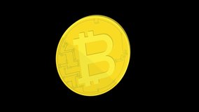 Cryptocurrency coin Bitcoin is spinning on a black background, 4K video graphic animation with seamless loop. visualization of cryptocurrency circulation