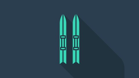 Turquoise Ski and sticks icon isolated on blue background. Extreme sport. Skiing equipment. Winter sports icon. 4K Video motion graphic animation.
