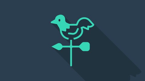 Turquoise Rooster weather vane icon isolated on blue background. Weathercock sign. Windvane rooster. 4K Video motion graphic animation.