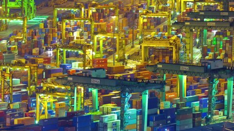 night illuminated singapore famous working port aerial panorama 4k timelapse