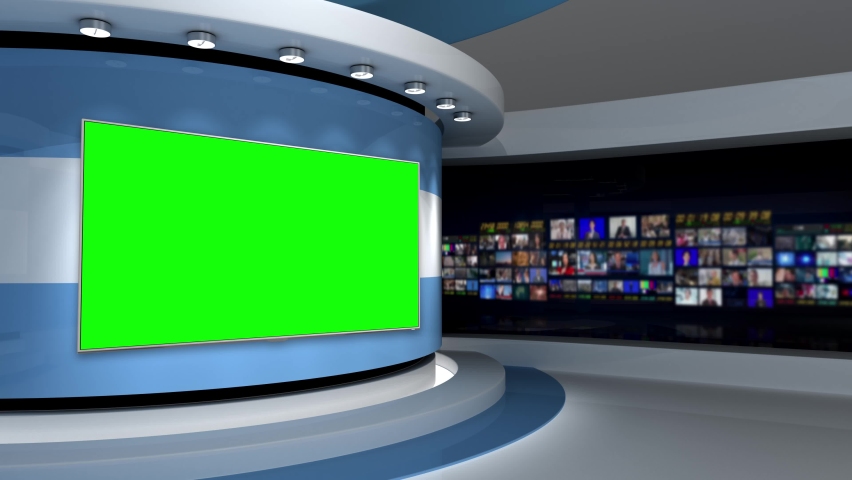 Tv studio. news room. studio background. light blue background. newsroom  bakground. control room.blurred of studio at tv station. loop. 3d rendering.