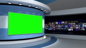 Tv studio. News room. Studio Background.  Light blue background. Newsroom bakground. Control room.Blurred of studio at TV station. Loop. 3D rendering. 