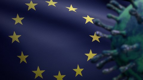 3D illustration European Union flag waving and Coronavirus 2019 nCov concept. Outbreak in Europe, coronaviruses influenza as dangerous flu strain cases as pandemic. Microscope virus Covid 19-Dan