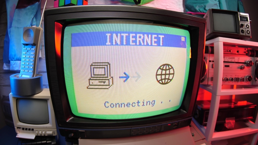 Old 80s 90s computer connecting to the Internet. Retro concept. Royalty-Free Stock Footage #1068958544