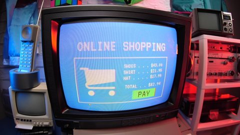 Retro online shopping on an old computer monitor screen 80s 90s.