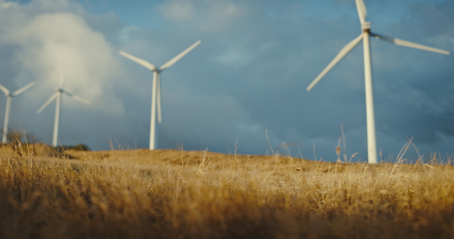 Father and son walking to windmills on golden hill at sunset, family lifestyle, clean energy wind turbines, future generations and clean sustainable energy | Shutterstock HD Video #1068963415