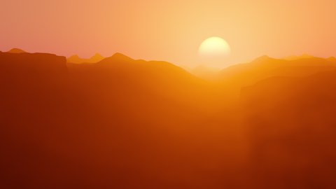3D Animation of camera fly through the Rocky Mountains view against the Sun, Orange Foggy view, CG render