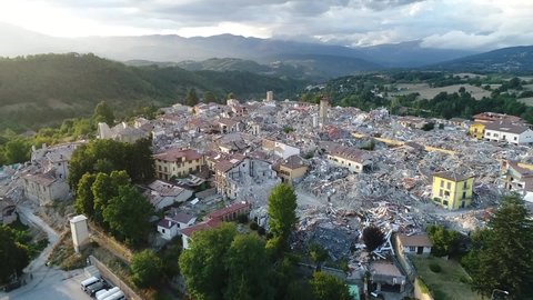 Aerial shot with drone of the rubble after the destruction of the Amatrice earthquake, Rieti, Lazio, Central Italy