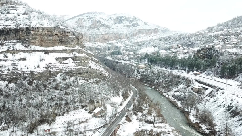 Aerial footage of Iskar Gorge covered in snow in Bulgaria