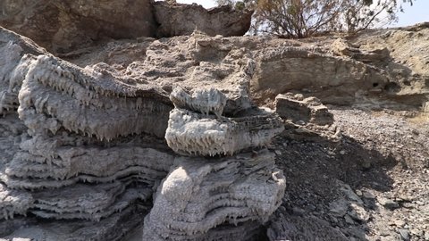 Large, natural lumps of salt in amazing shapes, on a wild beach in the north of the Dead Sea, Israel
