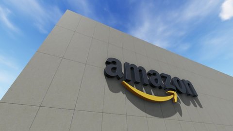 Amazon logo on the wall, Editorial use only, 3D animation, time lapse