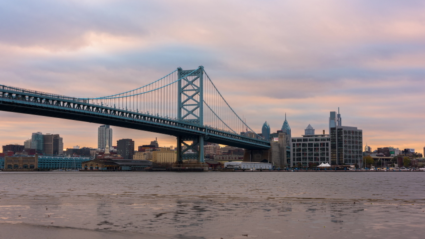 Philadelphia, Pennsylvania, USA skyline on the Delaware river with Ben Franklin Bridge from dusk to night.