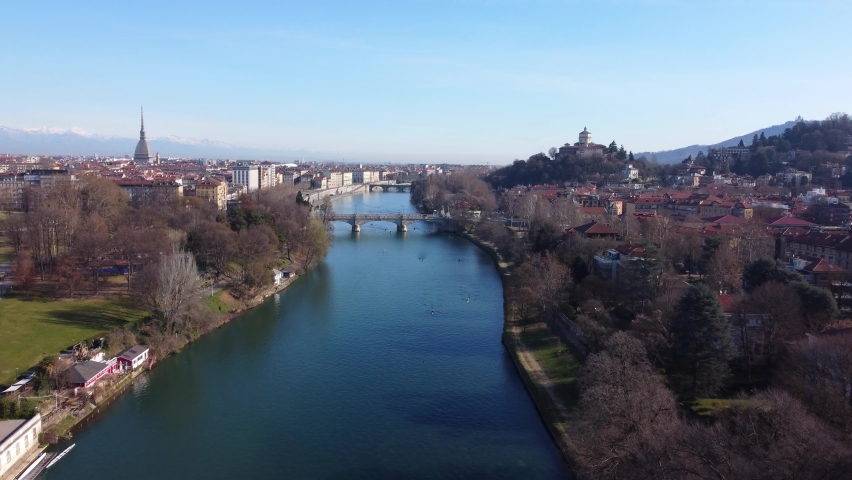 The Po river aerial panoramic view in the centre of Turin city