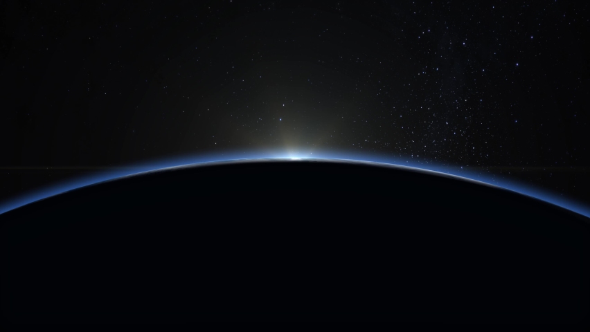 Sunrise over the Earth. View from space. Realistic atmosphere. Volumetric clouds. Starry sky. 4K. 3d rendering. Stars twinkle.