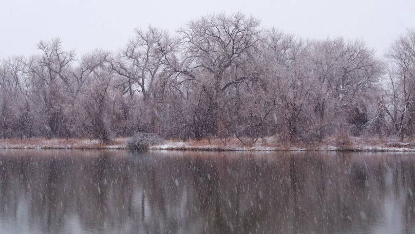 heavy snowstorm over small lake in northern Colorado, one of natural areas along the Poudre River  in Fort Collins