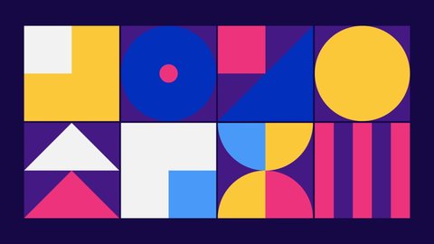 Geometric pattern loop. Circles, squares animation. Modernist abstract background. Bauhaus Design style. Blue, white, pink, purple, yellow.