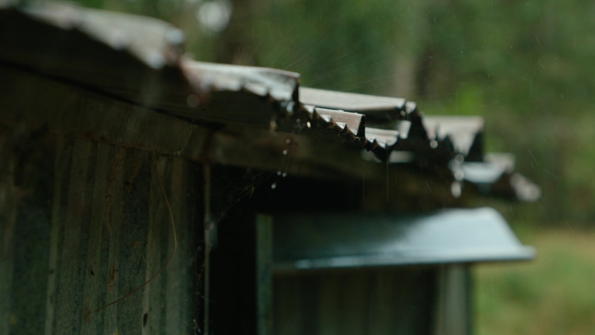 Rain falling on a tin shed roof of corrugated iron | Shutterstock HD Video #1069000516