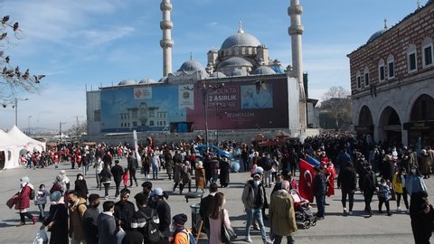 Turkey Istanbul Eminonu Square March 13, 2021. Due to the covid 19 outbreak, the weekend curfew was canceled for Saturdays, and people formed crowded communities in the Spice Bazaar area for shopping.