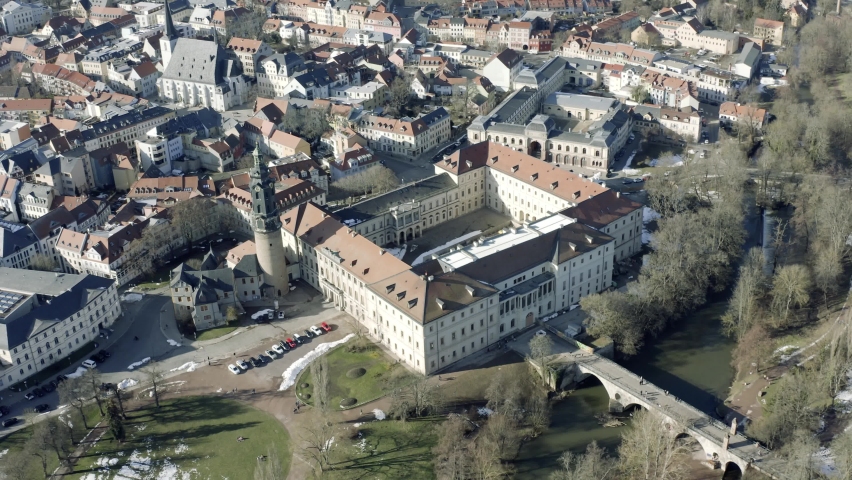 Drone Aerial footage of Weimar on a sunny spring day. Weimer is city in Germany and a former cultural capital of Europe.