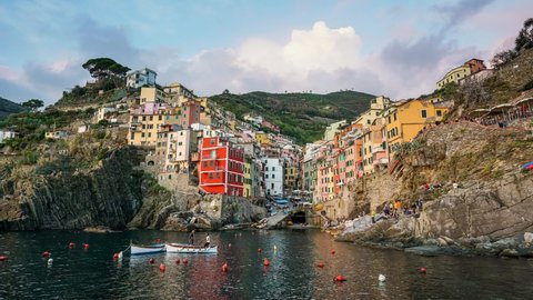 Riomaggiore, Liguria, Italy - October 05 2017: View of colorful building and houses in Riomaggiore, the fisherman village, in Cinque terre, Italy.