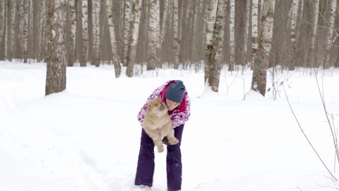 woman in the forest with dogs chow chow in winter, on a walk
