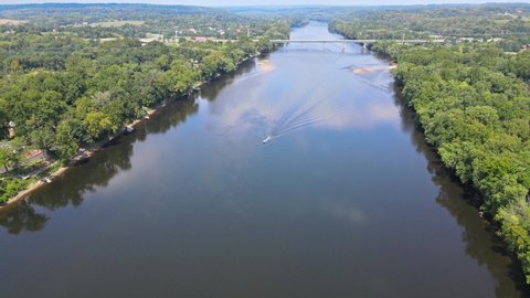 American small town of Lambertville New Jersey, aerial overhead of Delaware river landscape