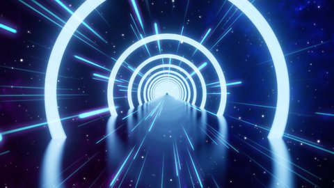 Loop motion of glowing neon ring and dark galaxy star background. Cyber Futuristic High Speed light zoom. Circles laser show fashion. Backdrop beam blur Flare.Abstract Light fast night with way space
