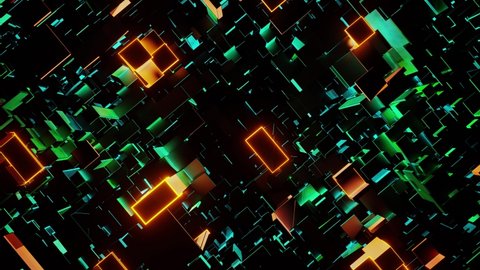 Flying through a space of shimmering neon cubes and rectangles. Loop animation. Bright, colorful. Decorate your video or festive event. Suitable for VJ as well
