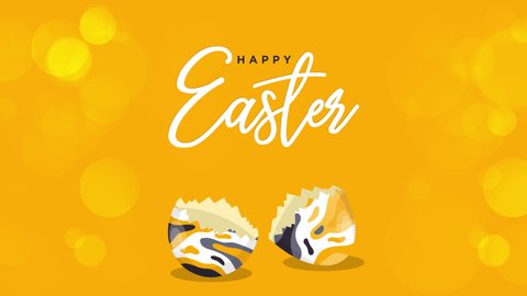 Happy Easter Greeting. Easter egg on a yellow bokeh background. Easter text coming out from the broken egg. 4K Video motion graphic animation.