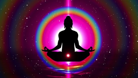 Meditation silhouette balancing energy with chakra symbols