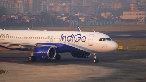 Mumbai, India - February 24, 2021: India's low cost carrier Indigo airlines brand new Airbus 320NEO taxiing
