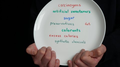Names of harmful food additives are disappearing from plate. Necessity of eliminate dangerous additives from diet Concept of unhealthy eating, of destroying health by junk food