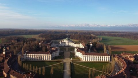 The palace of Stupinigi is one of the main Savoy residences in Piedmont included in the UNESCO World Heritage List. Aerial view. Turin, Italy - March 2021