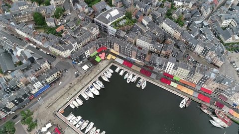 Aerial view of marina of Honfleur a commune in the Calvados department in northwestern France it is especially known for its old port characterized by its houses with slate-covered frontages 4k