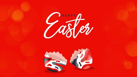Happy Easter Greeting. Easter egg on a red bokeh background. Easter text coming out from the broken egg. 4K Video motion graphic animation.