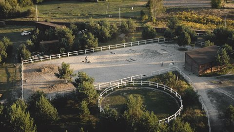 Racecourse at ranch aerial. Horseback woman training. Trainer teach girl ride on horse. Equestrian sport. Autumn nature landscape. Green grass valley, trees at sun day. Recreation countryside vacation
