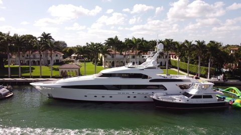 MIAMI BEACH, FL, USA - MARCH 13, 2021: Usher Raymond IV yacht Miami Beach FL shot with aerial drone