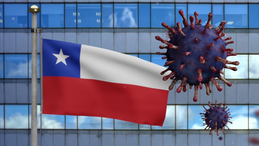 3D illustration Chilean flag waving on modern skyscraper city with Coronavirus outbreak. Beautiful tall tower and influenza Covid 19 virus with national Chile banner blowing  - Powered by Shutterstock - Get 15% off with code: PIKWIZARD15