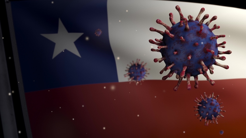 3D illustration flu coronavirus floating over Chilean flag, pathogen attacks respiratory tract. Chile banner waving with pandemic Covid19 virus infection concept. Real fabric texture ensign-Dan - Powered by Shutterstock - Get 15% off with code: PIKWIZARD15