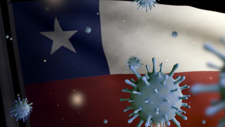 3D illustration flu coronavirus floating over Chilean flag, pathogen attacks respiratory tract. Chile banner waving with pandemic Covid19 virus infection concept. Real fabric texture ensign  - Powered by Shutterstock - Get 15% off with code: PIKWIZARD15