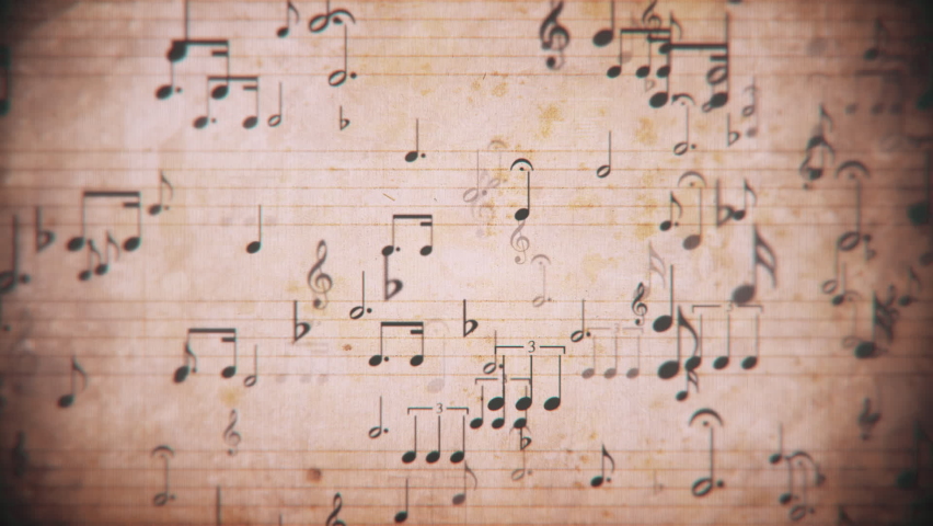 Vintage sheet music notation manuscript with staff lines and musical notes moving gently across the sheet. This retro, grunge styled motion background is a seamless loop. Royalty-Free Stock Footage #1069047739