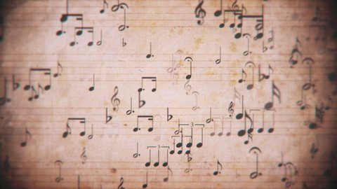 Vintage sheet music notation manuscript with staff lines and musical notes moving gently across the sheet. This retro, grunge styled motion background is a seamless loop.
