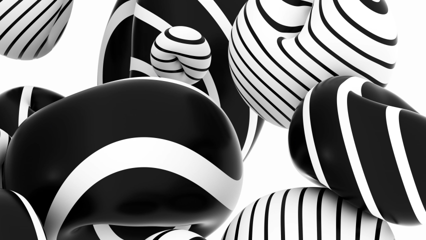 3d video render of abstract black and white art composition with flying surreal donuts balls balloons or bubbles in round forms in white matte plastic with black parallel lines or stripes on surface. Royalty-Free Stock Footage #1069049599