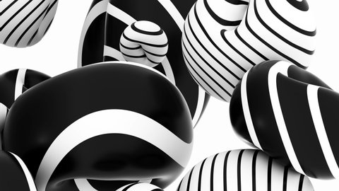 3d video render of abstract black and white art composition with flying surreal donuts balls balloons or bubbles in round forms in white matte plastic with black parallel lines or stripes on surface.
